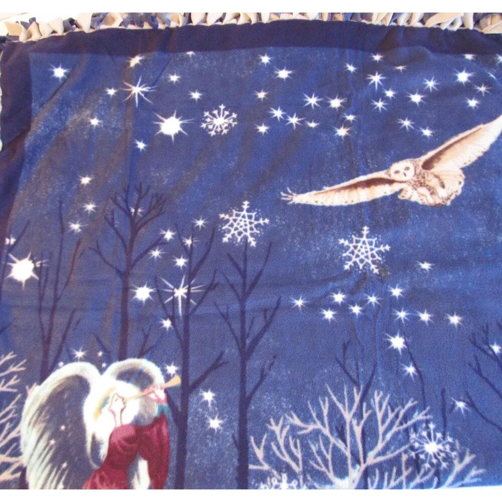 Snowflake Winter Holiday Santa Animals Angel Blue Fleece Handmade Tie Blanket